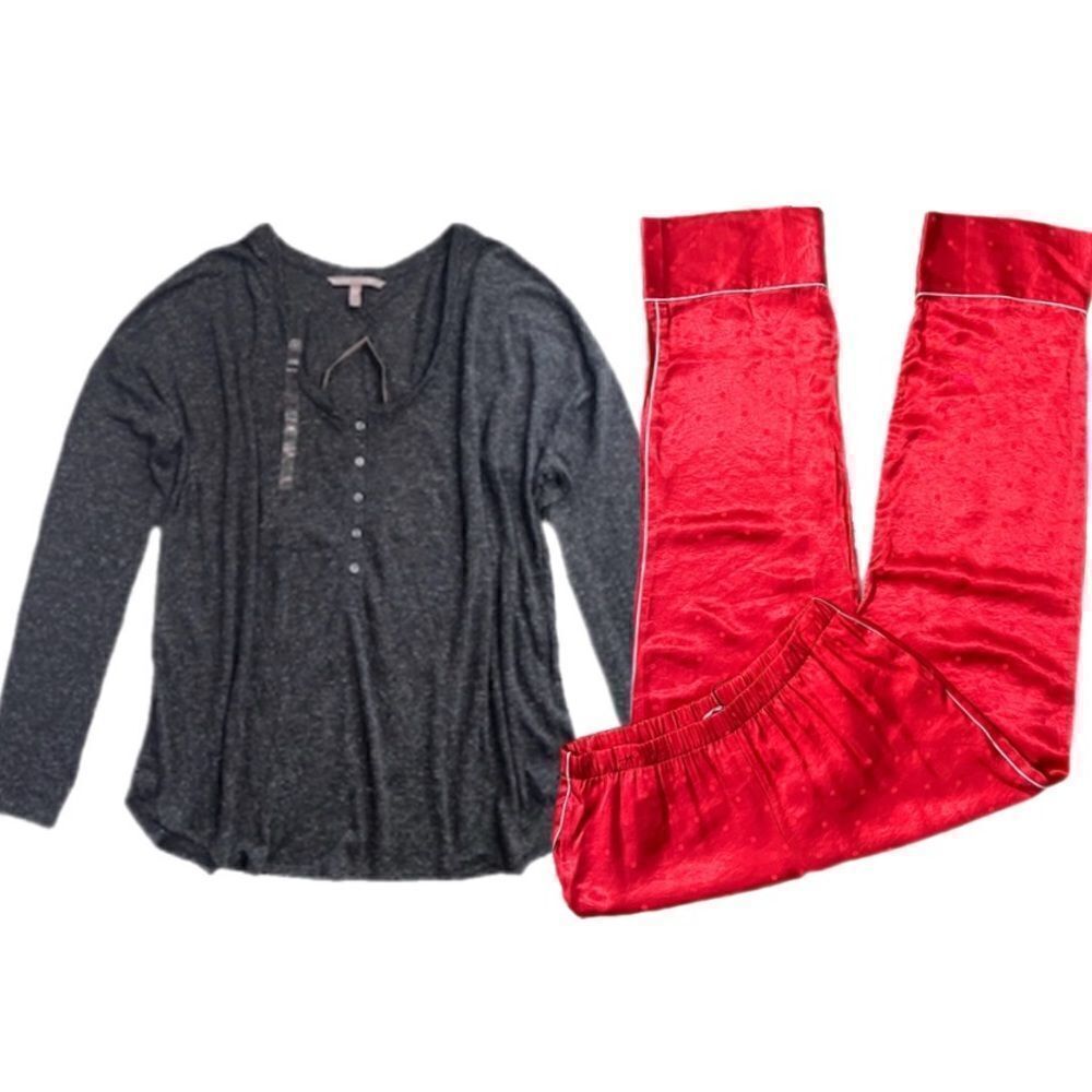 Victorias Secret Silky Satin thick pants & soft Henley top pajama set gray red M